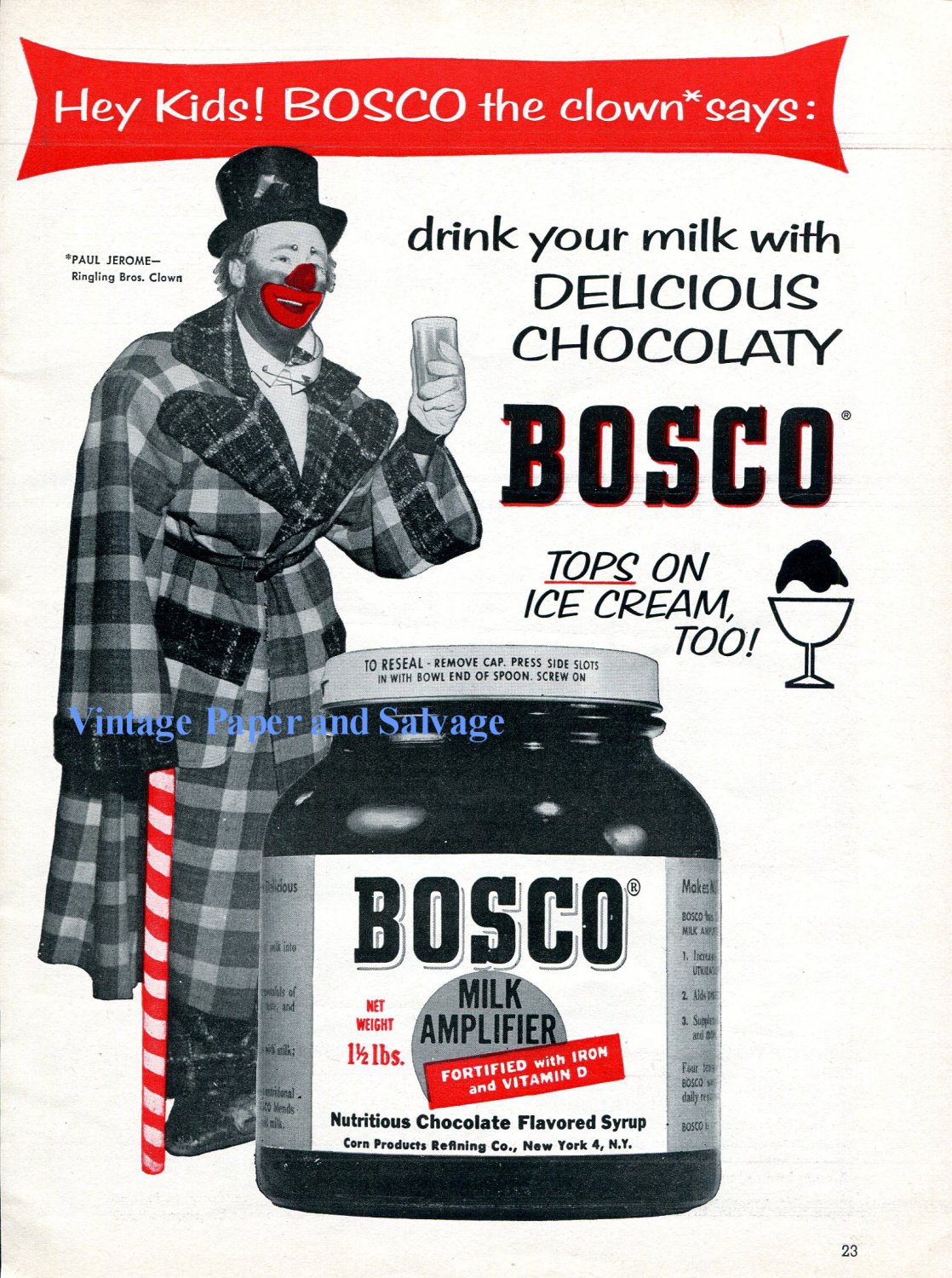 1956 Bosco the Clown Paul Jerome Ringling Bros Circus Bosco Milk Amplifier 1950s Print Ad