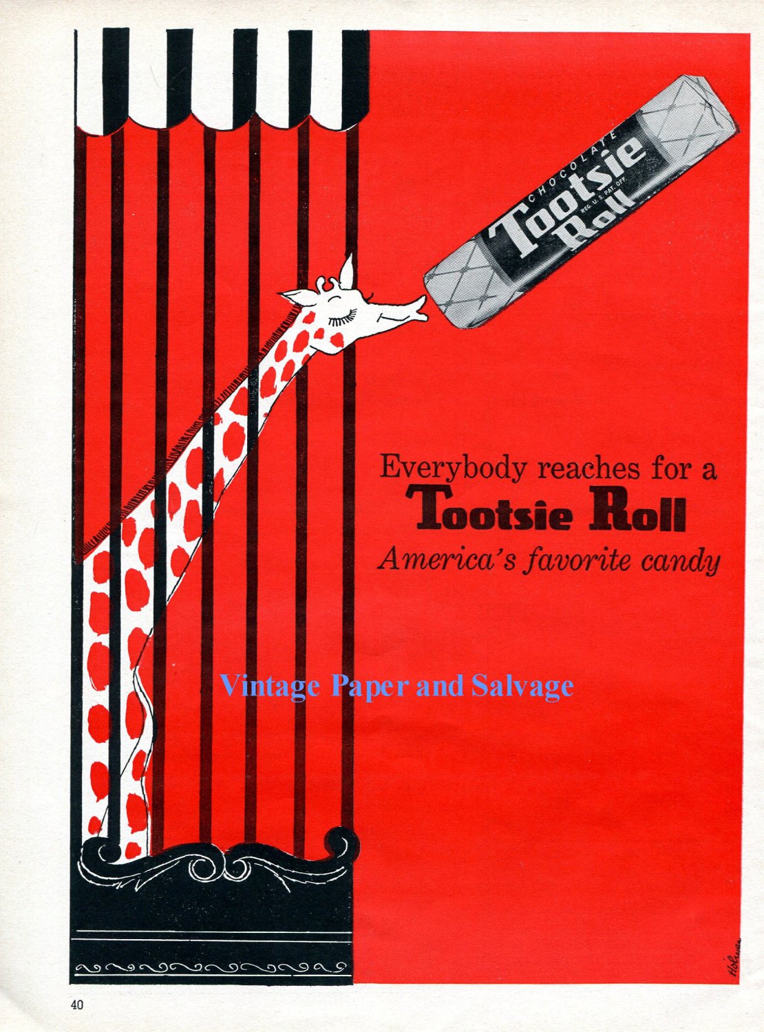 1956 Tootsie Roll Circus Giraffe Everybody Reaches for a Tootsie Roll 1950s Print Ad Advert