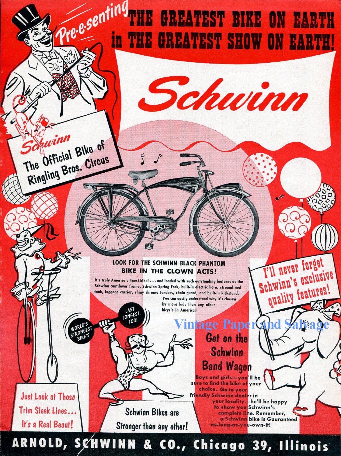 1956 Schwinn Black Phantom Bike Bicycle Ad Ringling Bros Circus Clown