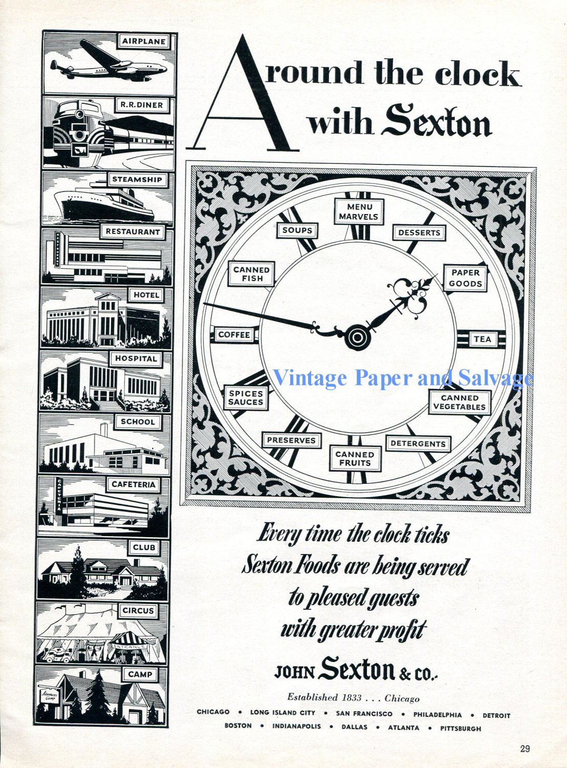 1956 John Sexton & Co Sexton Foods Chicago Around the Clock with Sexton 1950s Print Ad Advert
