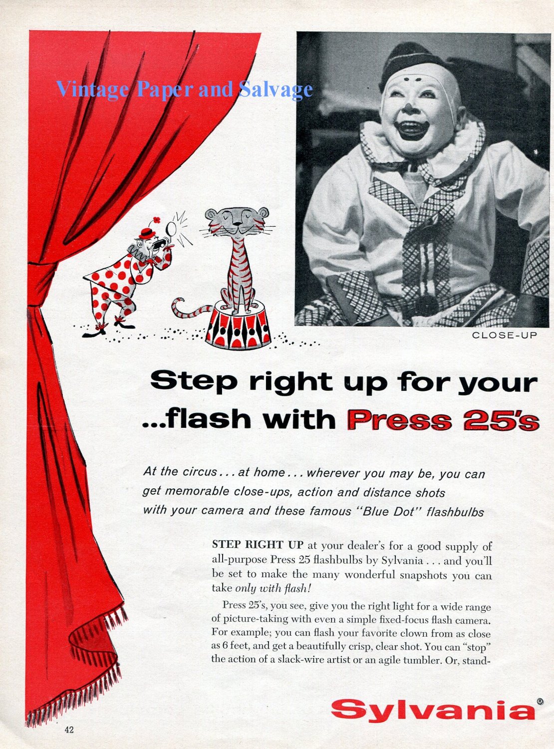 1956 Sylvania Blue Dot Flash Bulbs Ad Circus Clowns Lions Tigers ...