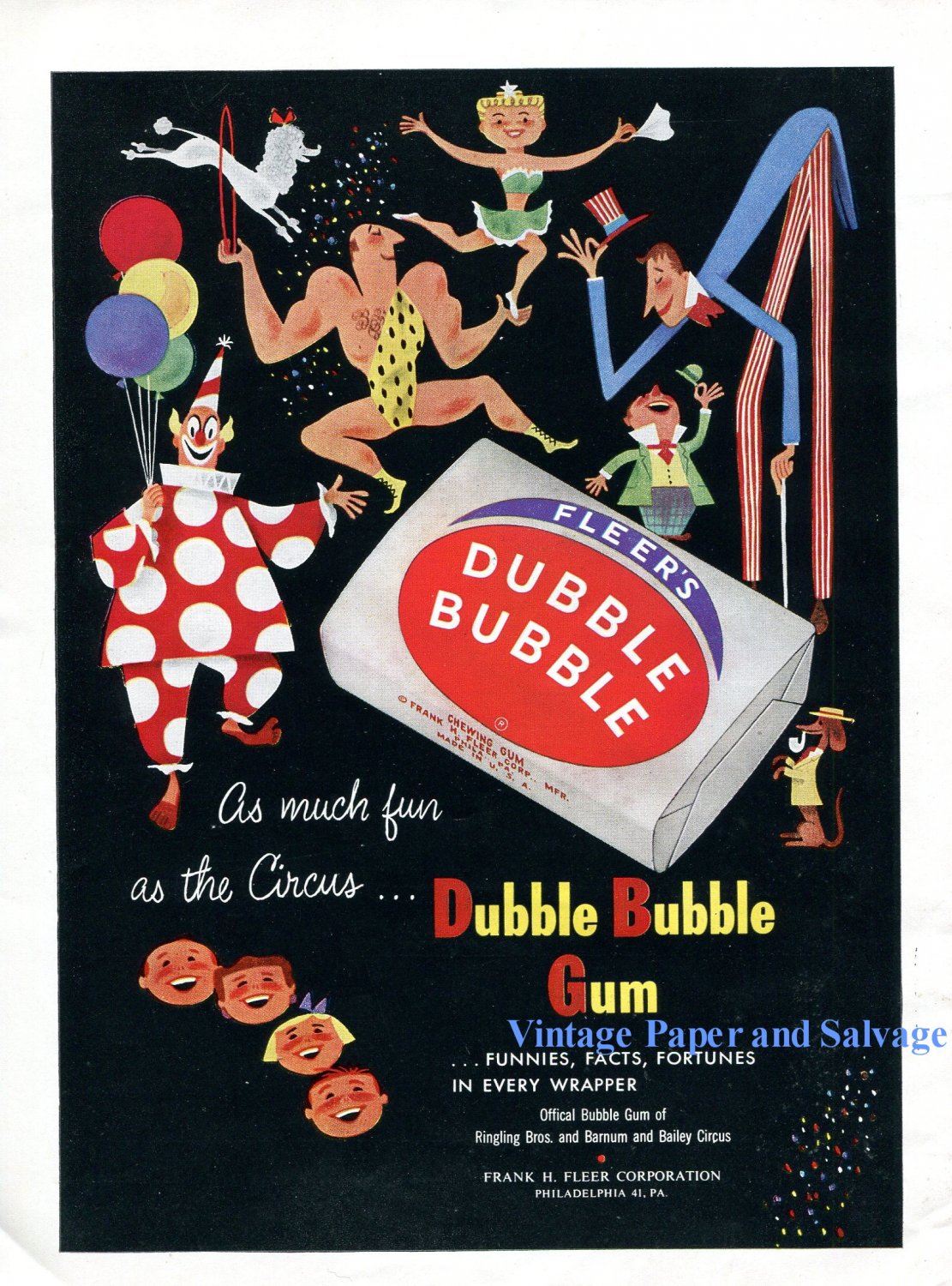 1956 Dubble Bubble Chewing Gum As Much Fun As the Circus Clown Frank H Fleer Corp 1950s Print Ad
