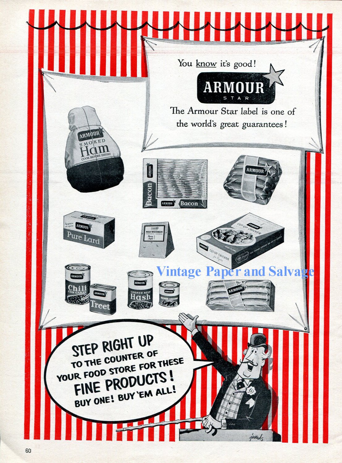 1956 Armour Star Meat Products Step Right Up Circus Ad Ham Bacon Hot Dogs 1950s Print Ad Advert