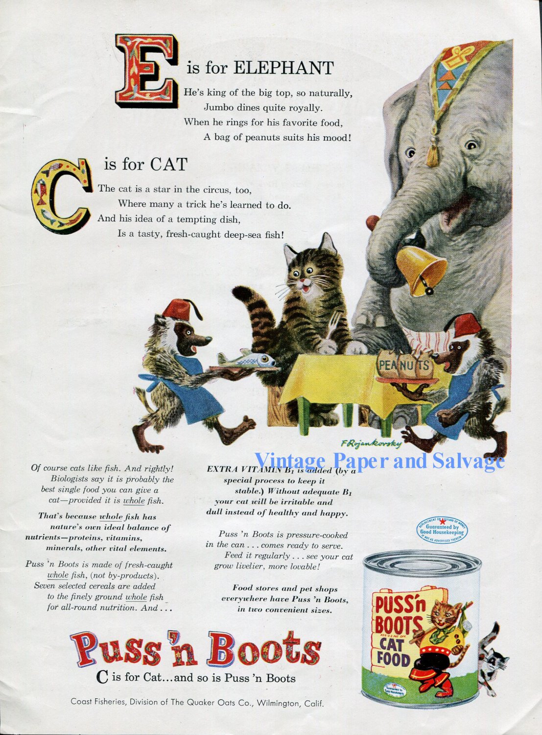 1956 Puss 'n Boots Whole Fish Cat Food Ad Quaker Oats Co Circus