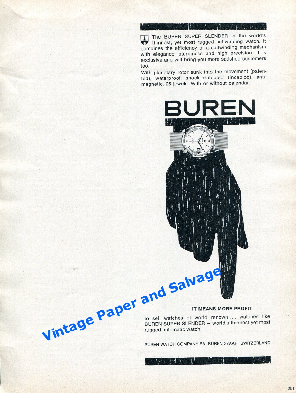 1961 Buren Super Slender Watch Advert Buren Watch Company Switzerland Swiss Ad