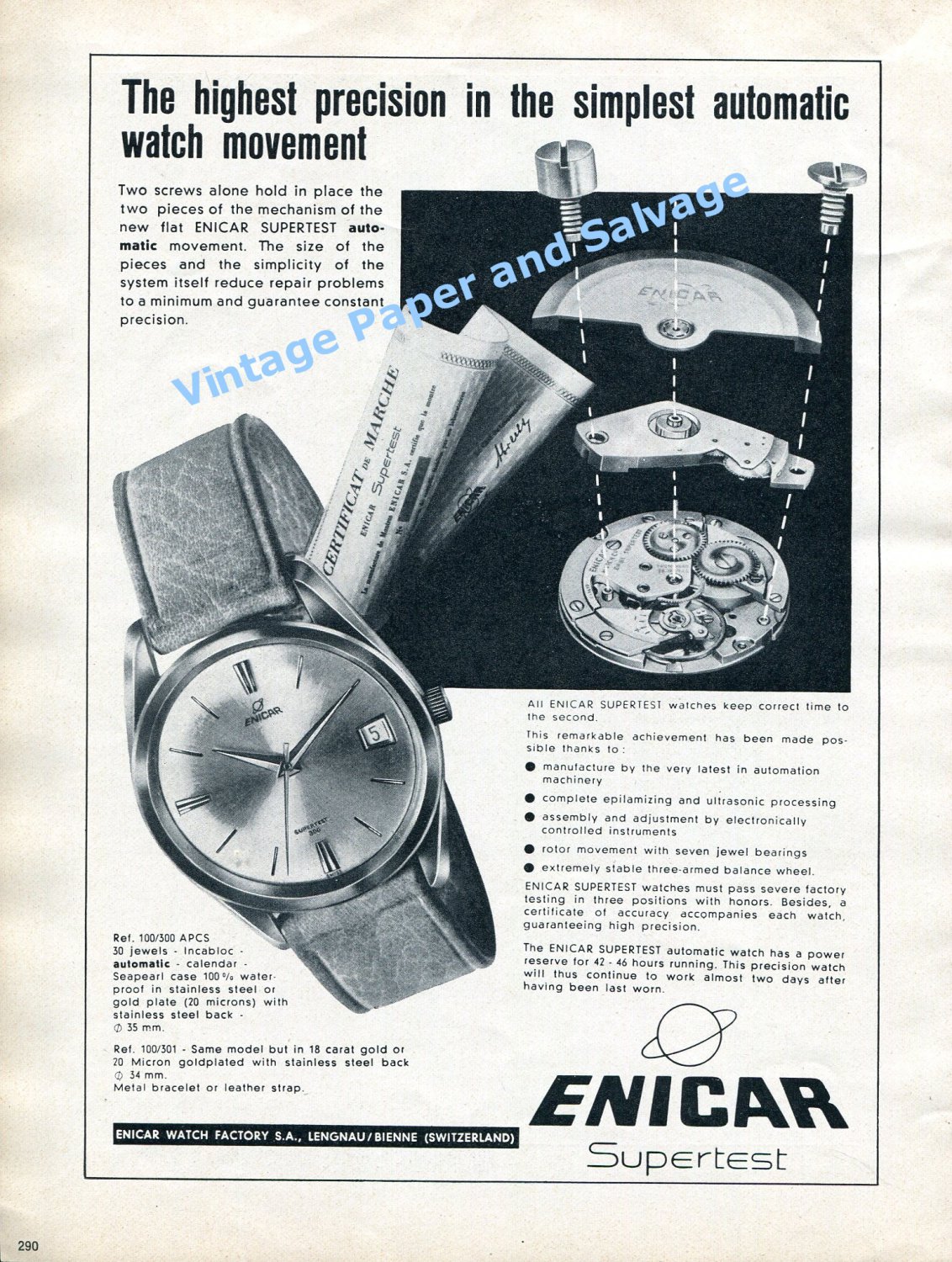 1961 Enicar Supertest Automatic Watch Advert Enicar Watch Factory Swiss Print Ad