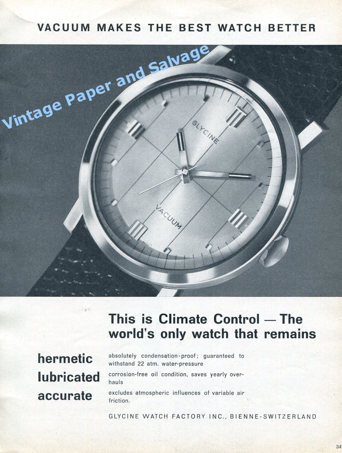 1961 Glycine Vacuum Watch Advert Glycine Watch Factory Switzerland Swiss Print Ad