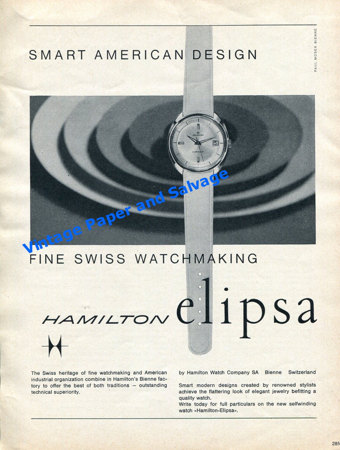 1961 Hamilton Elipsa Watch Advert Hamilton Watch Company Switzerland Swiss Print Ad