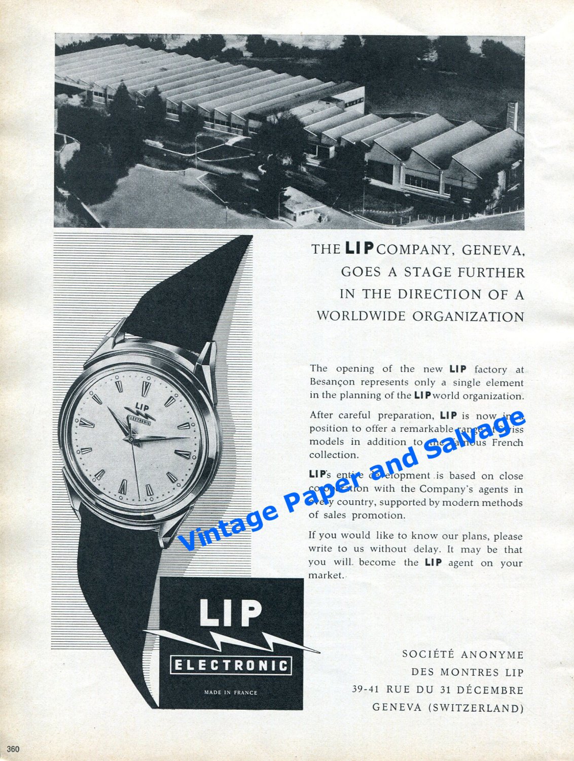 1961 Lip Electronic Watch Advert Lip Watch Company Vintage 1960s Swiss Print Ad