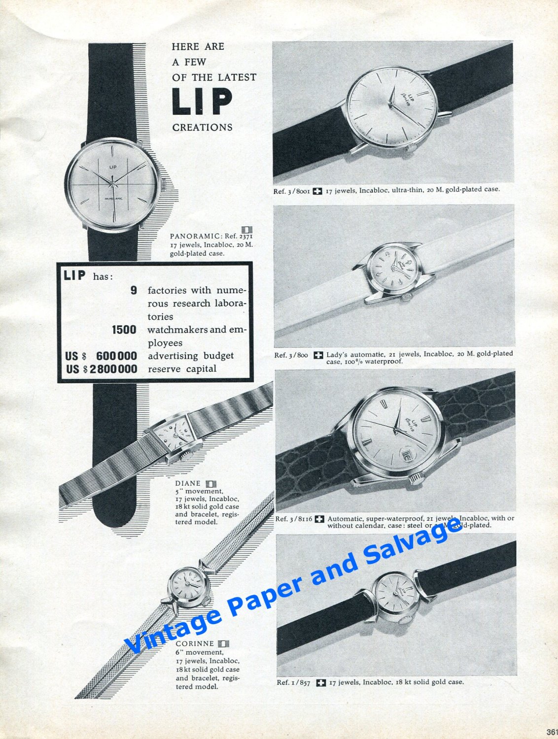 1961 Lip Watch Company Switzerland Latest Lip Creations 1960s Swiss Print Ad