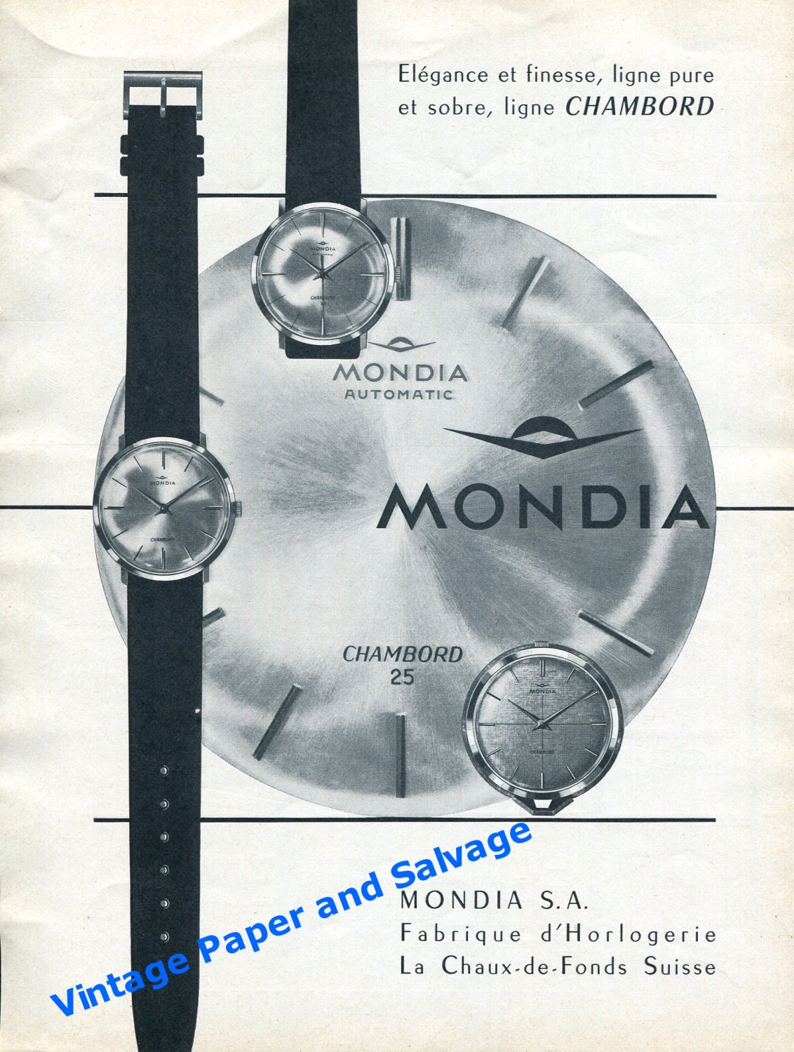 1961 Mondia Chambord Automatic Watch Advert Mondia Watch Company Swiss Print Ad