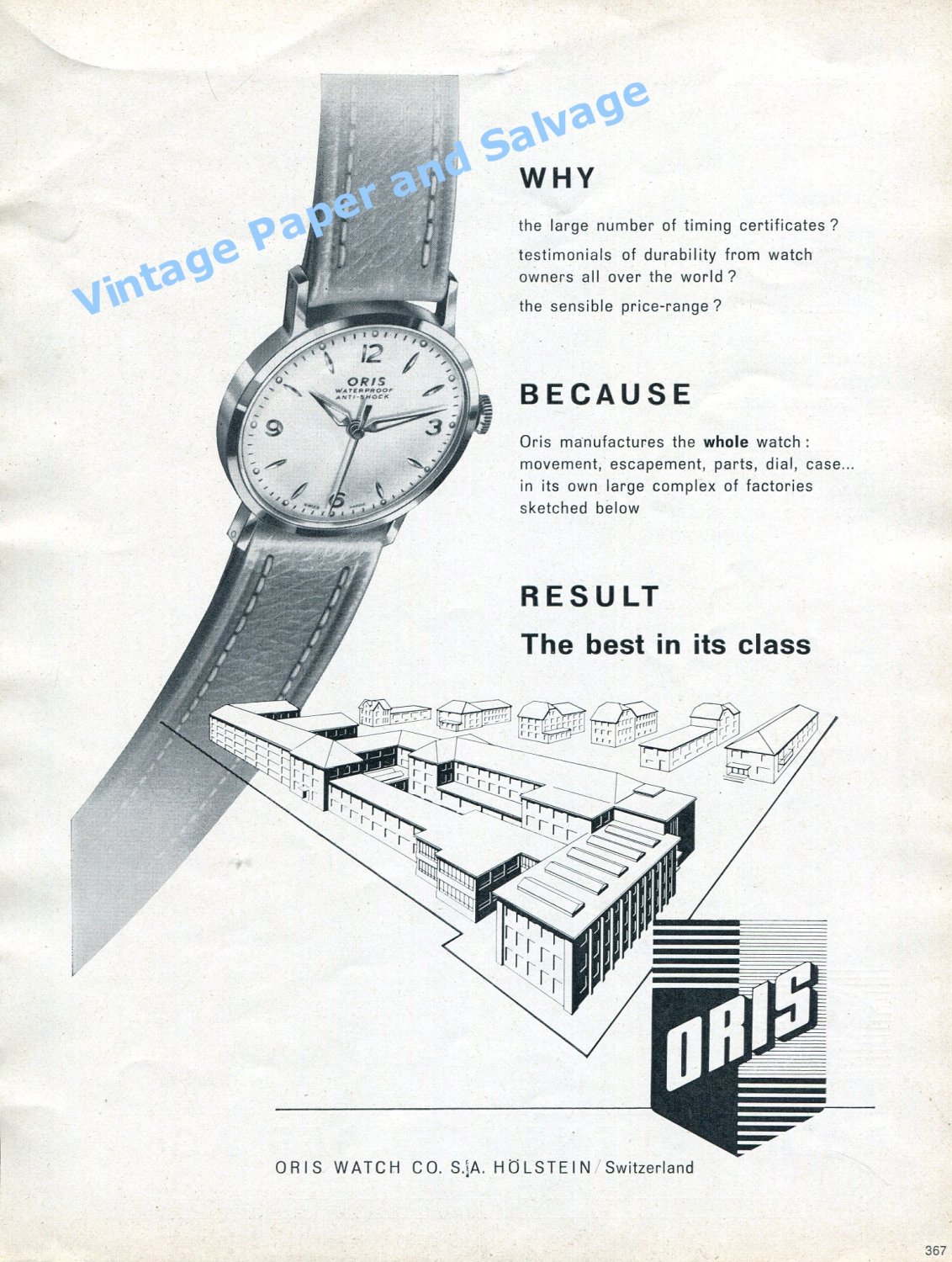 1961 Oris Watch Company Switzerland The Best in its Class 1960s Swiss Print Ad