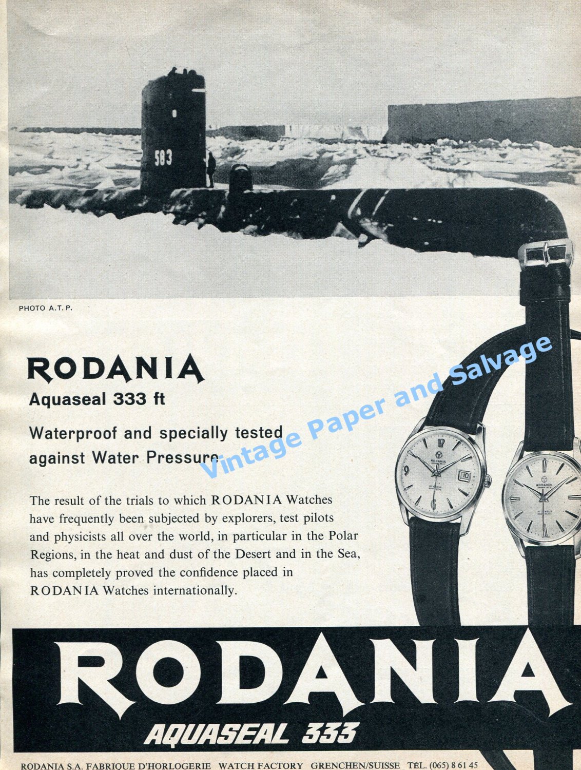 1961 Rodania Aquaseal 333 Waterproof Watch Advert Submarine Swiss Print Ad