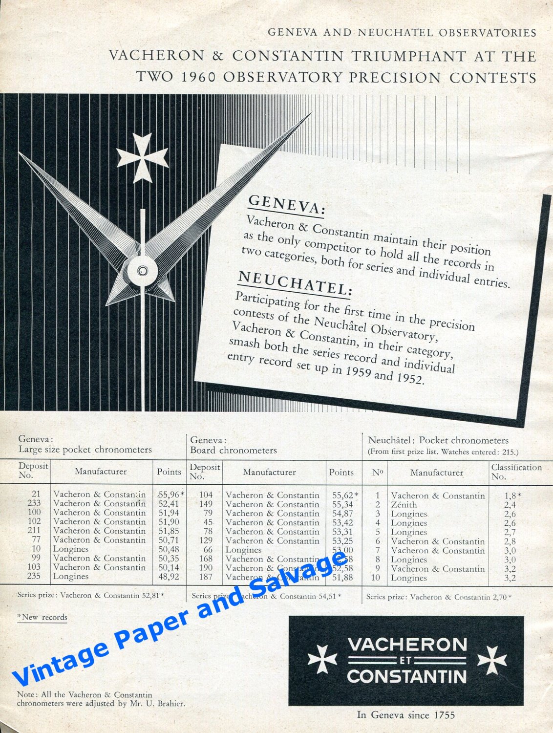 1961 Vacheron Constantin Watch Company Triumphs at Observatory Contests Swiss Ad