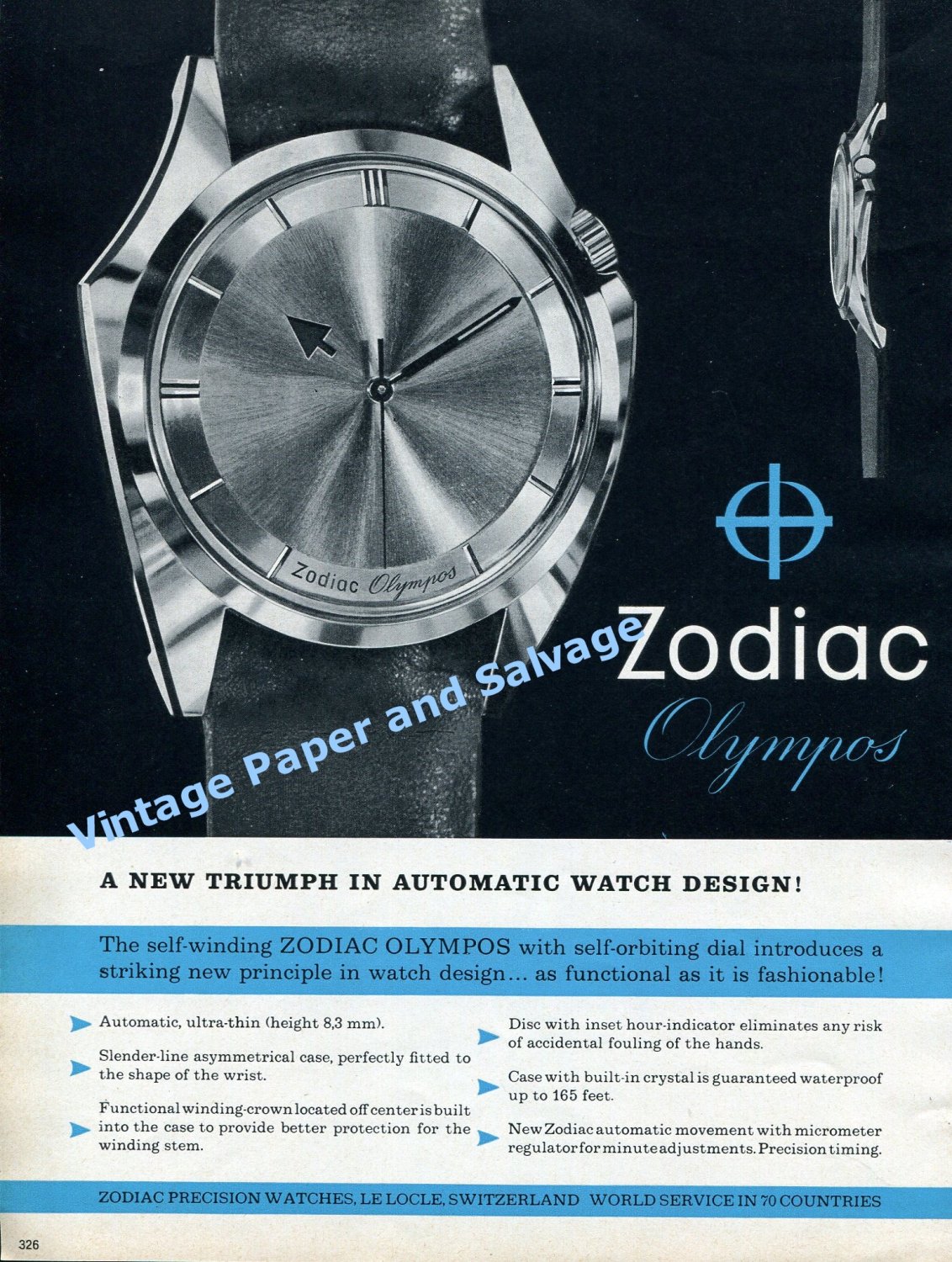 1961 Zodiac Olympos Automatic Watch Advert Zodiac Watch Company Swiss Print Ad
