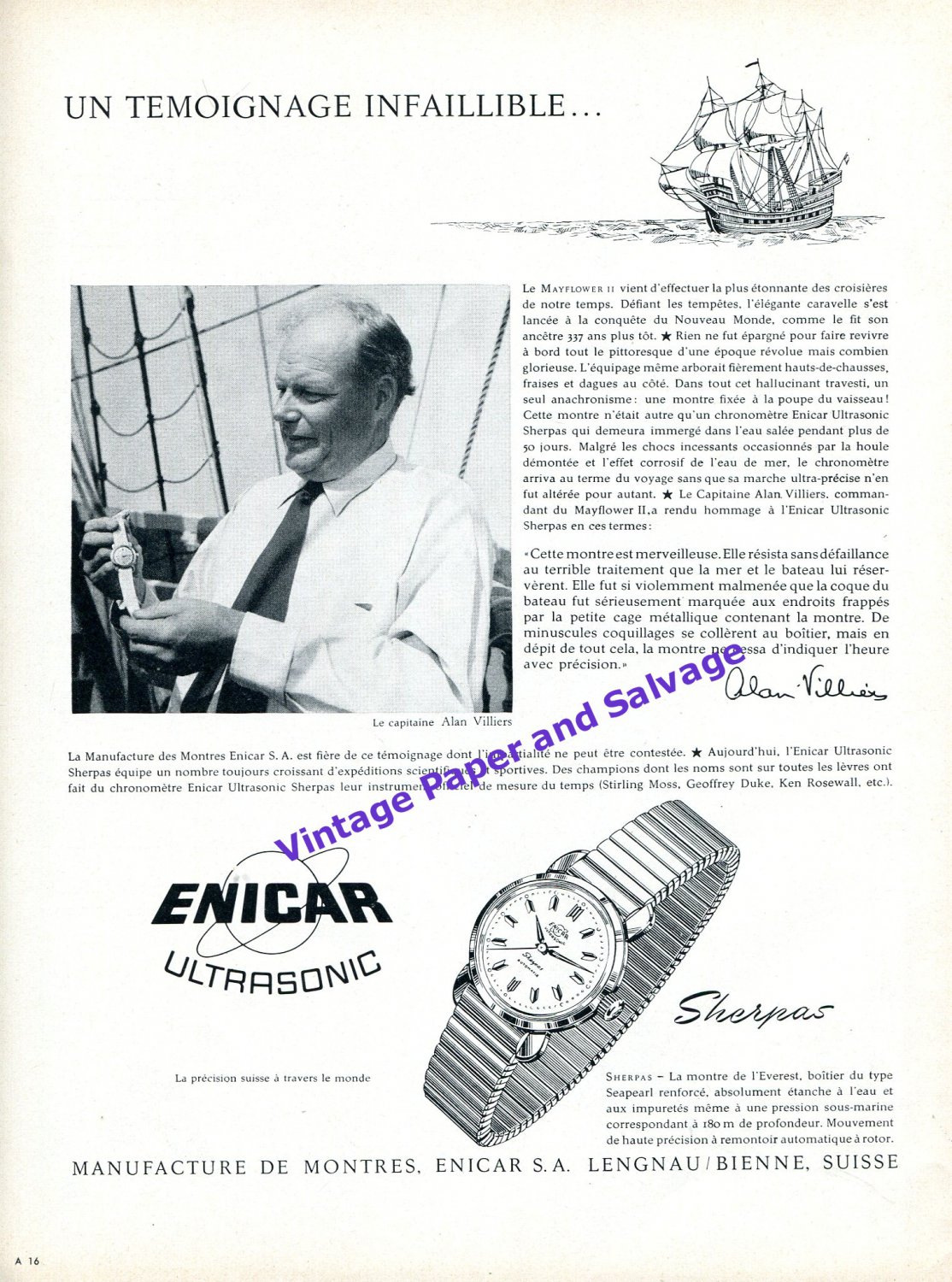 1957 Enicar Ultrasonic Sherpas Watch Advert Enicar Watch Company Swiss Print Ad
