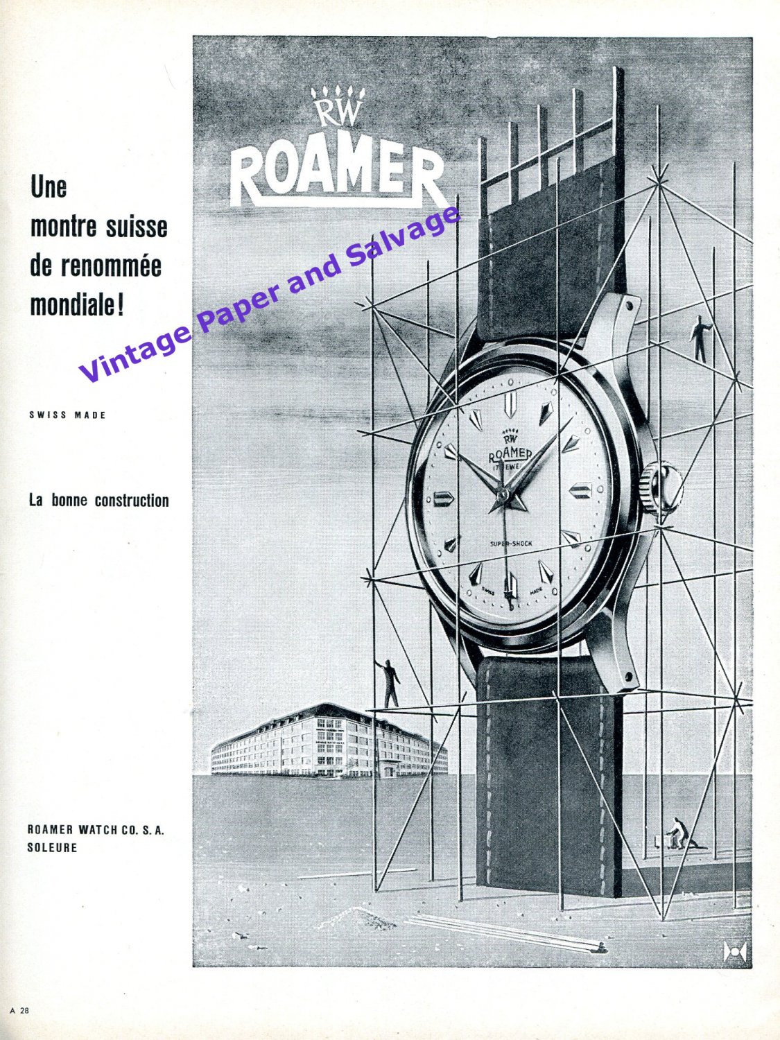 1957 Roamer Watch Company Soleure Switzerland Vintage 1950s Swiss Print Ad