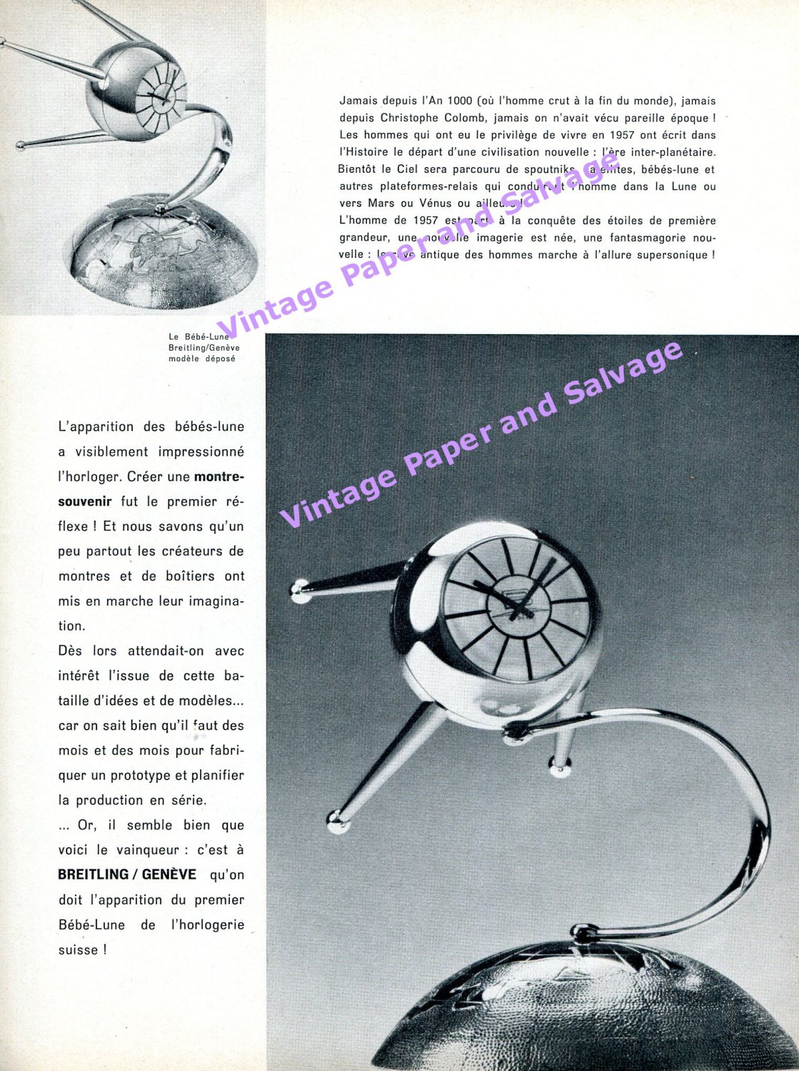 1957 Breitling Watch Company Baby Moon BeBe Lune Vintage 1950s Swiss Magazine Article
