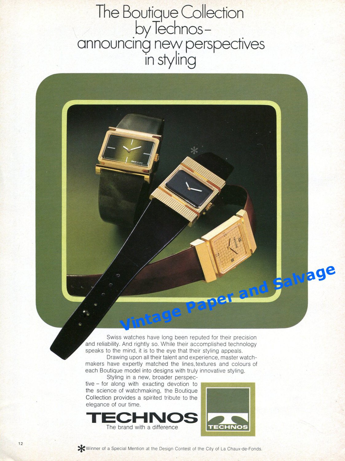 1976 Technos Watch Company New Perspectives in Styling Swiss Print Ad Advert