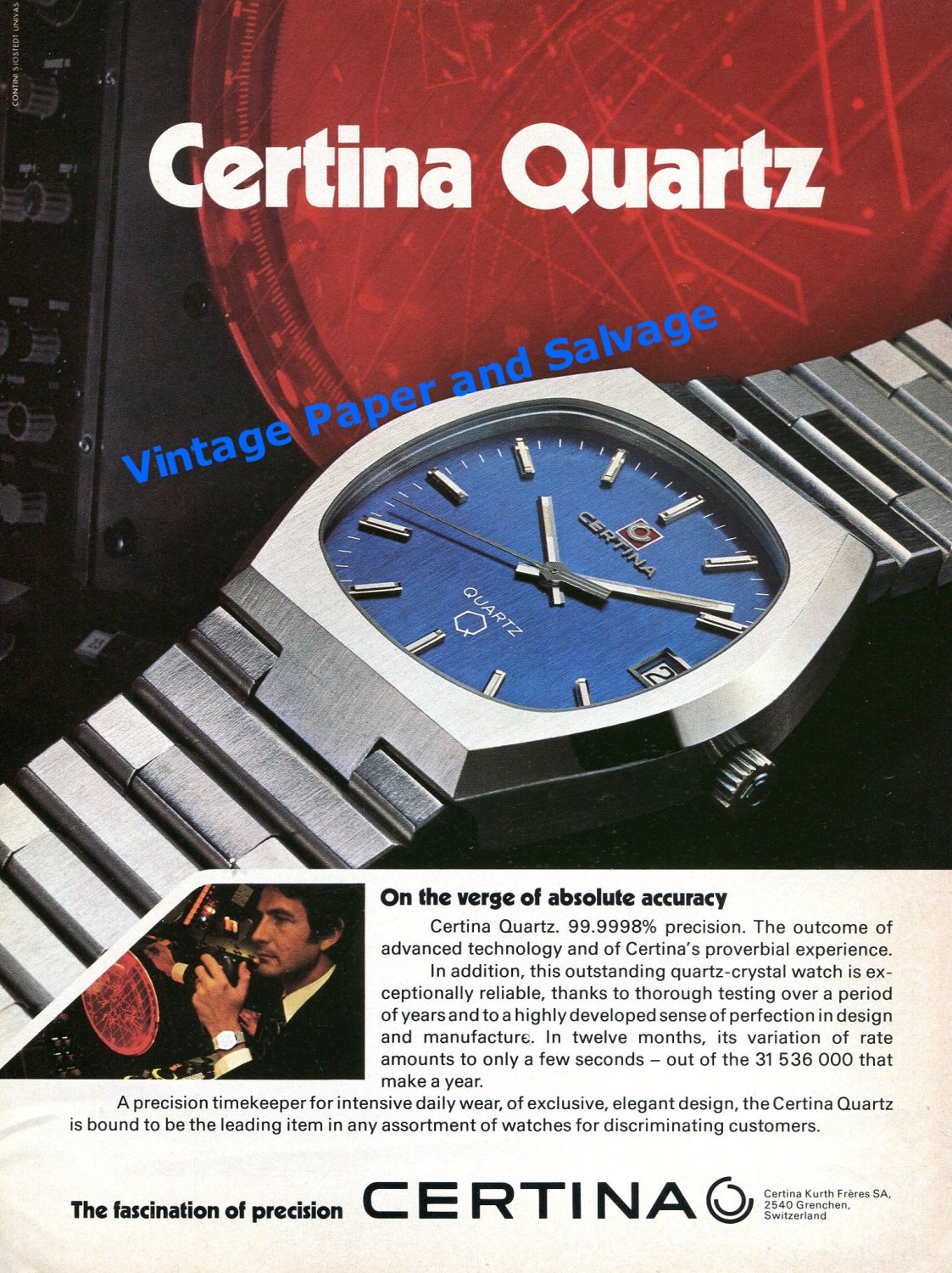 1976 Certina Quartz Watch Advert On the Verge of Absolute Accuracy Swiss Ad