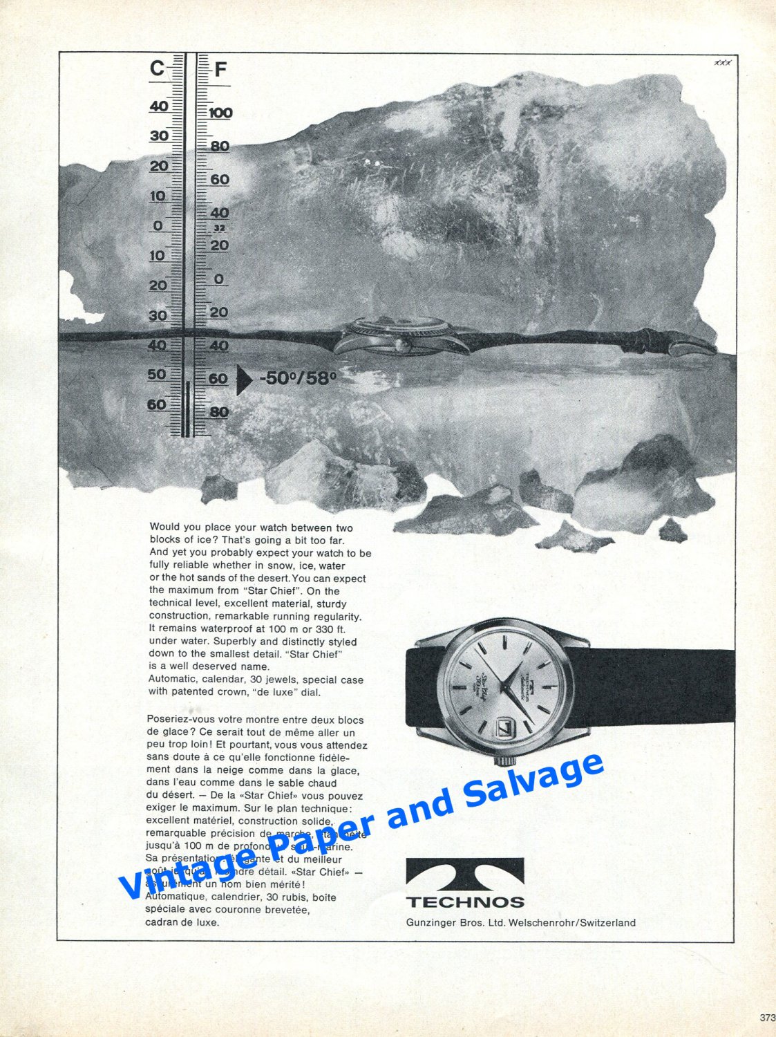 1965 Technos Star Chief Watch Advert Gunzinger Bros Switzerland Swiss Print Ad