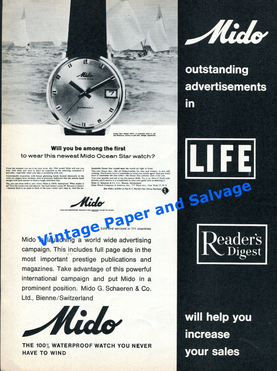 1965 Mido Ocean Star Watch Advert Worldwide Advertising Campaign Swiss Print Ad