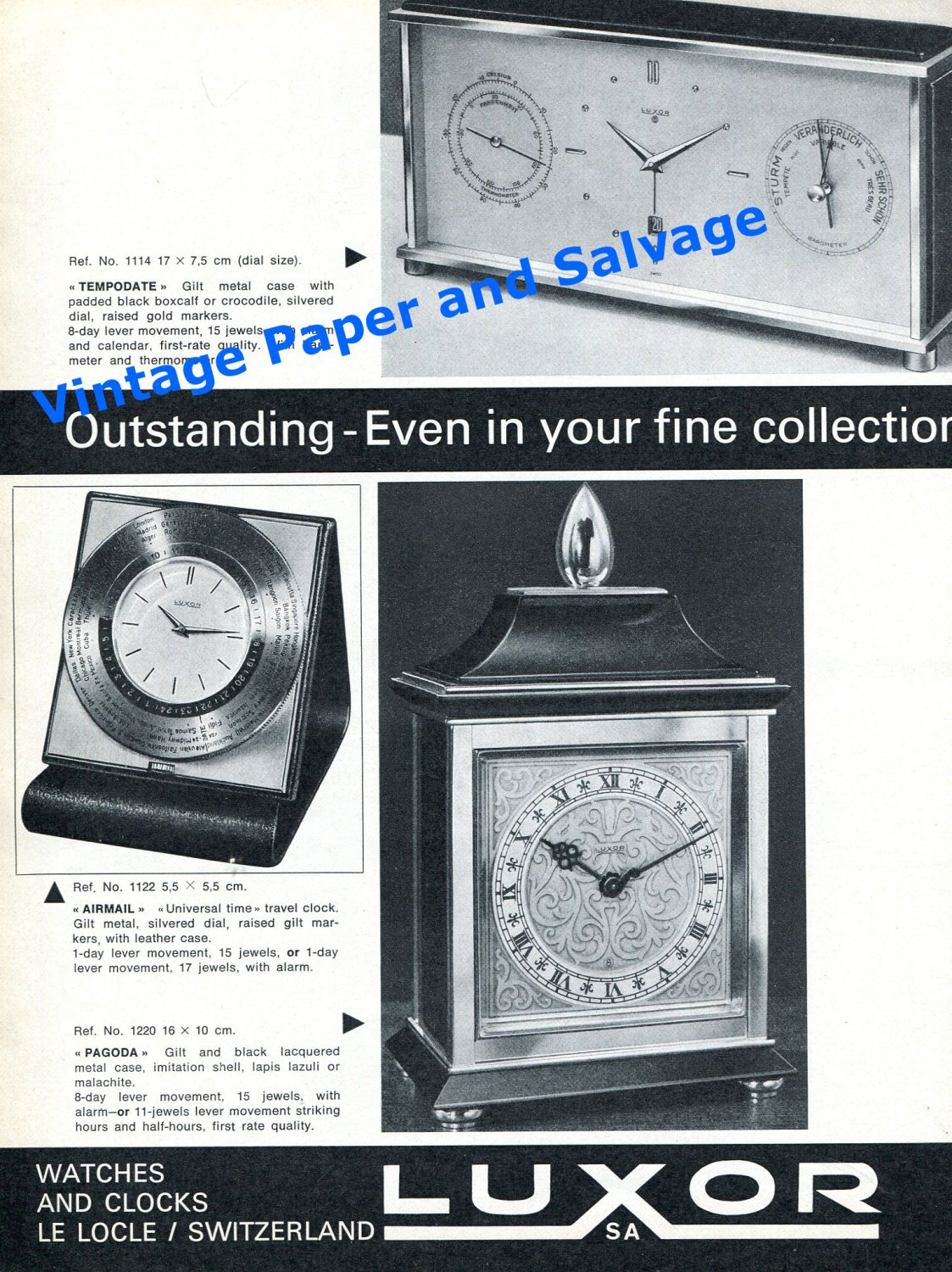 1965 Luxor Clock Company Tempodate Airmail Pagoda Clock Advert Swiss Print Ad