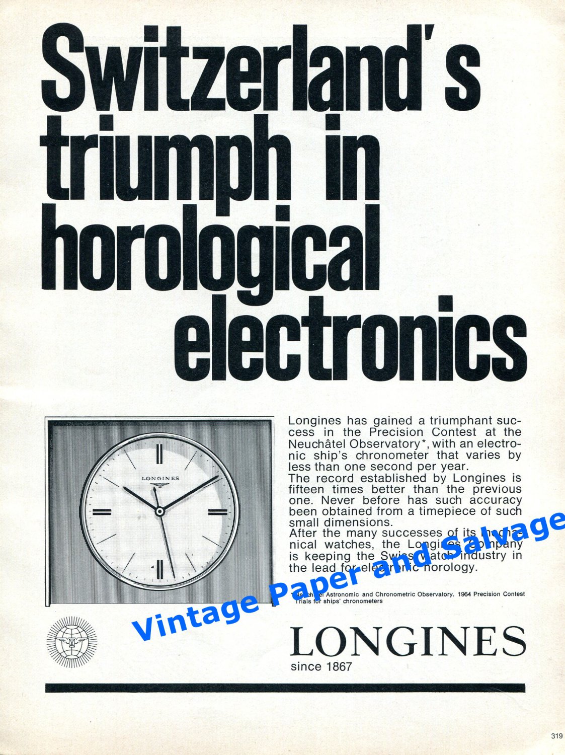 1965 Longines Switzerland's Triumph in Horological Electronics Swiss Print Ad