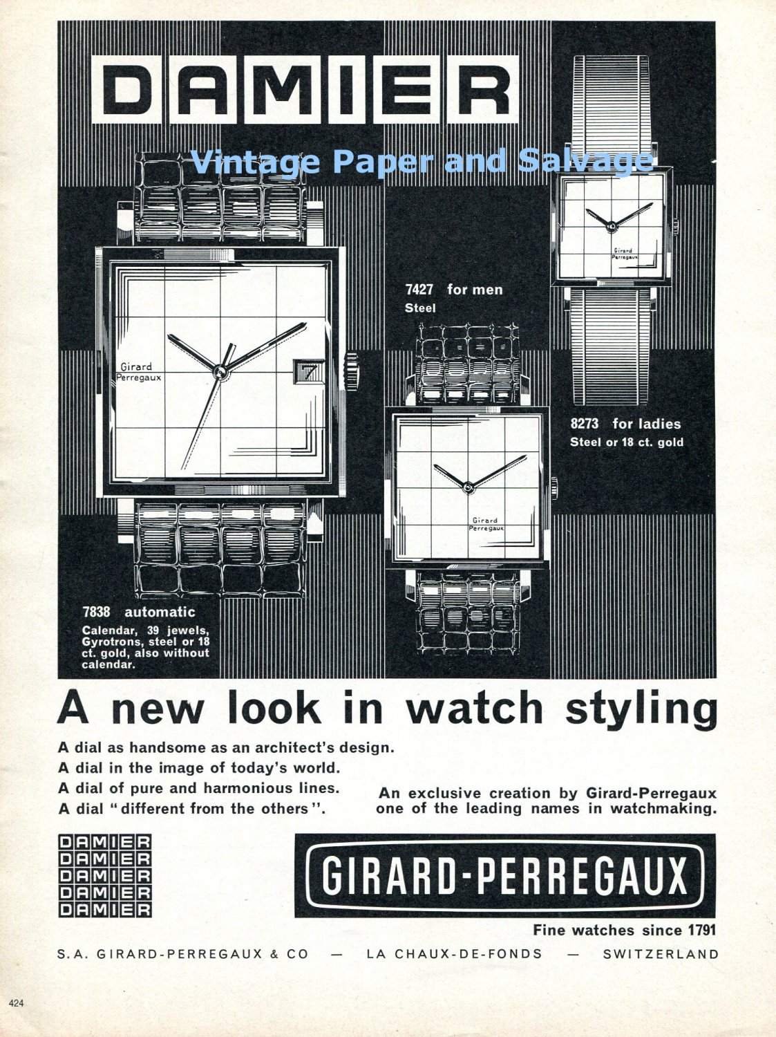 1965 Girard-Perregaux Damier Watch Advert A New Look in Styling Swiss Print Ad