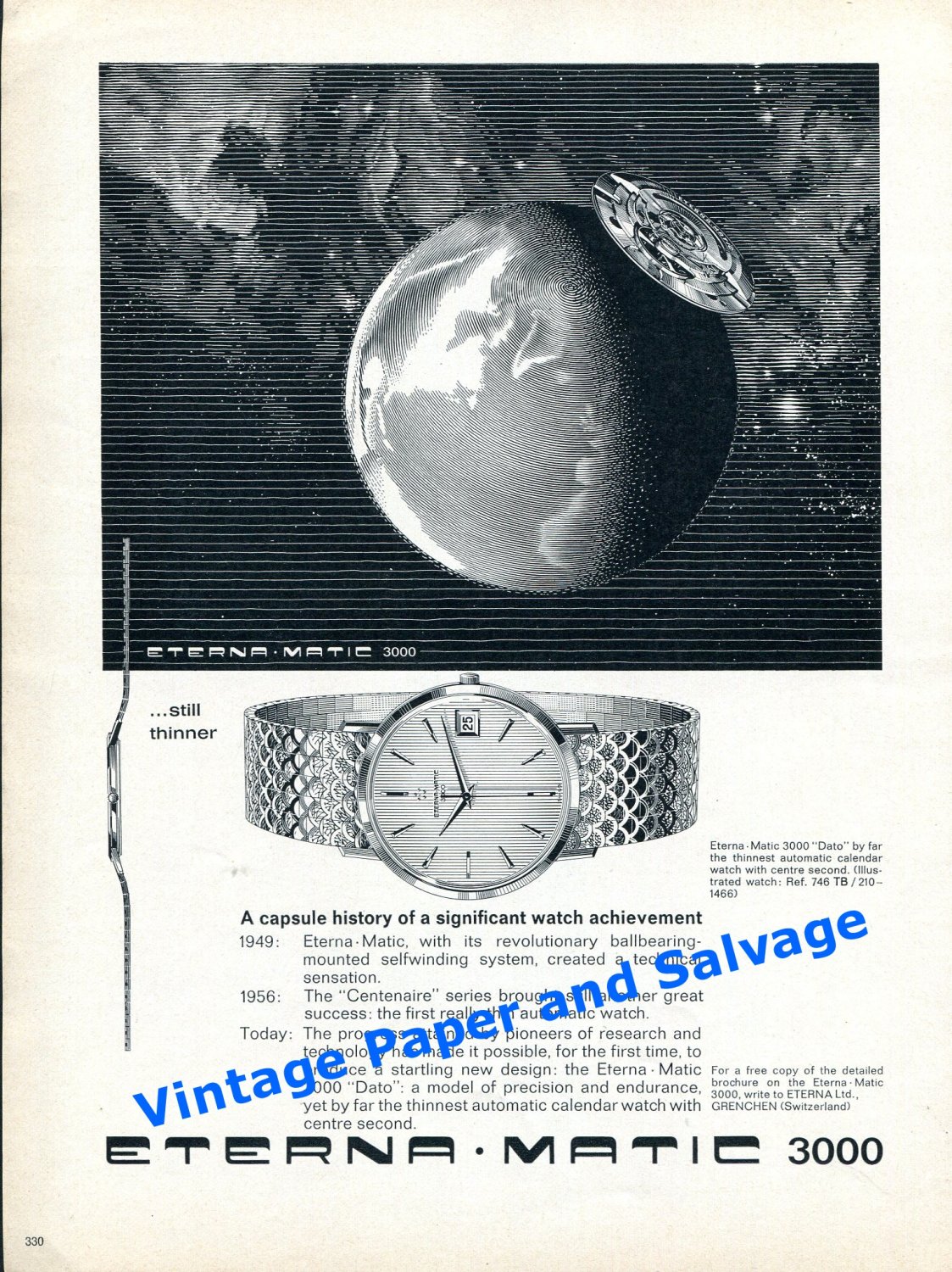 1965 Eterna Matic 3000 Dato Watch Advert Swiss Print Ad Publicite Switzerland