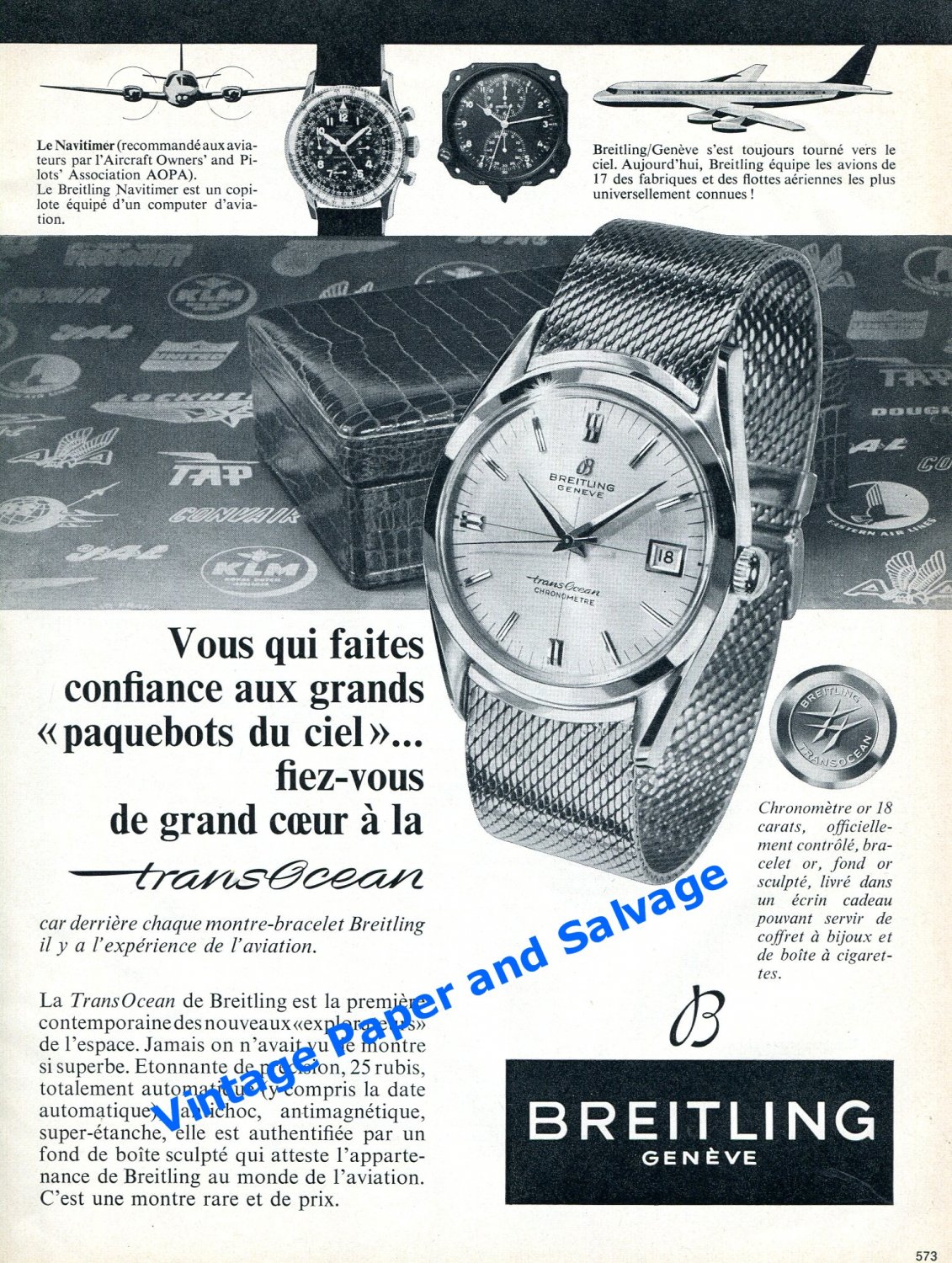 1958 Breitling TransOcean Watch Advert Vintage 1950s Swiss Print Ad Airline Pilots Aviation
