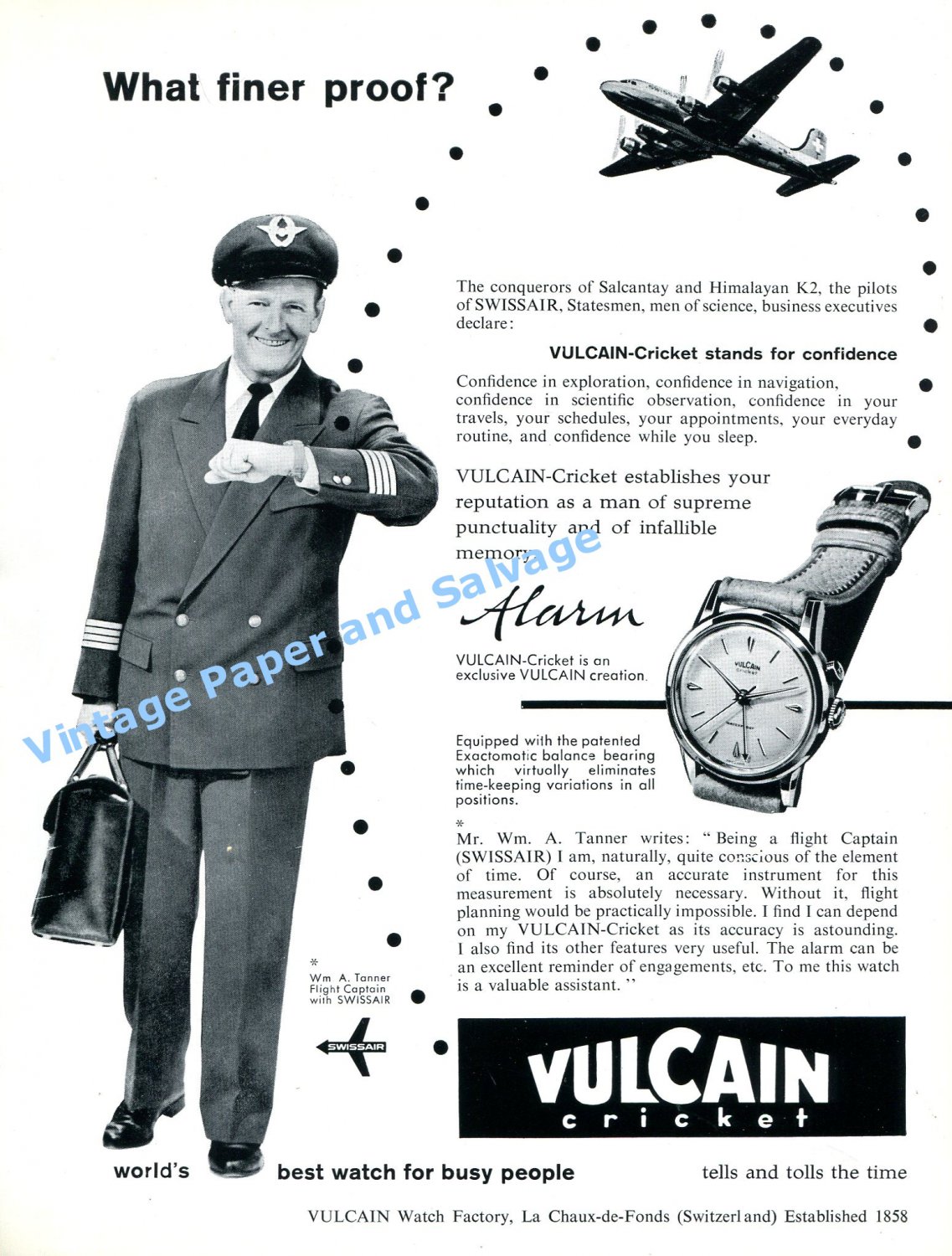 1956 Vulcain Cricket Stands for Confidence Vintage 1950s Swiss Print Ad Advert Suisse