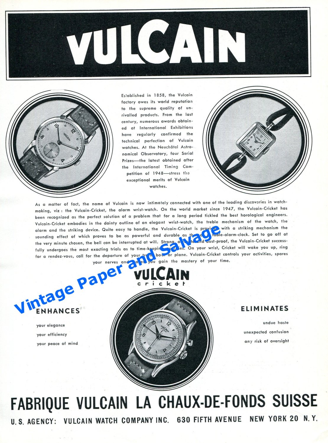 Vintage 1950 Vulcain Cricket Watch Advert Swiss Print Ad Vulcain Watch Company Switzerland