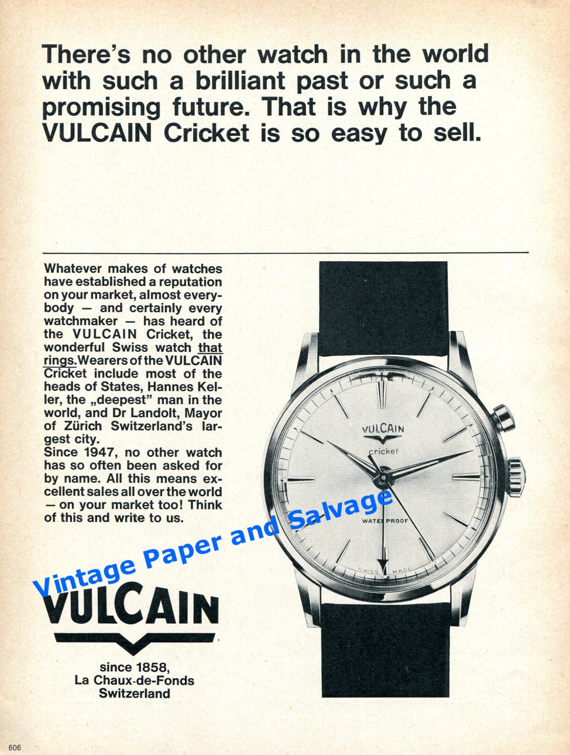 1964 Vulcain Cricket Watch Advert Brilliant Past Promising Future Vintage 1960s Swiss Print Ad