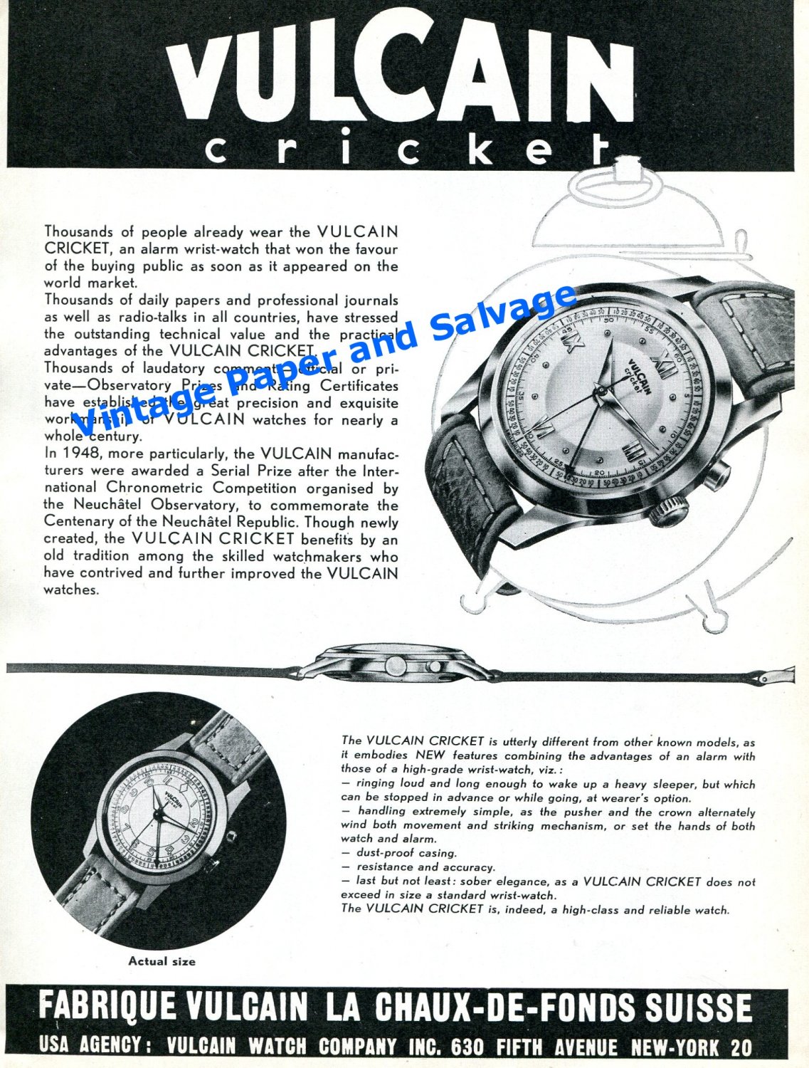 Vintage 1949 Vulcain Cricket Watch Advert 1940s Swiss Print Ad Suisse Switzerland