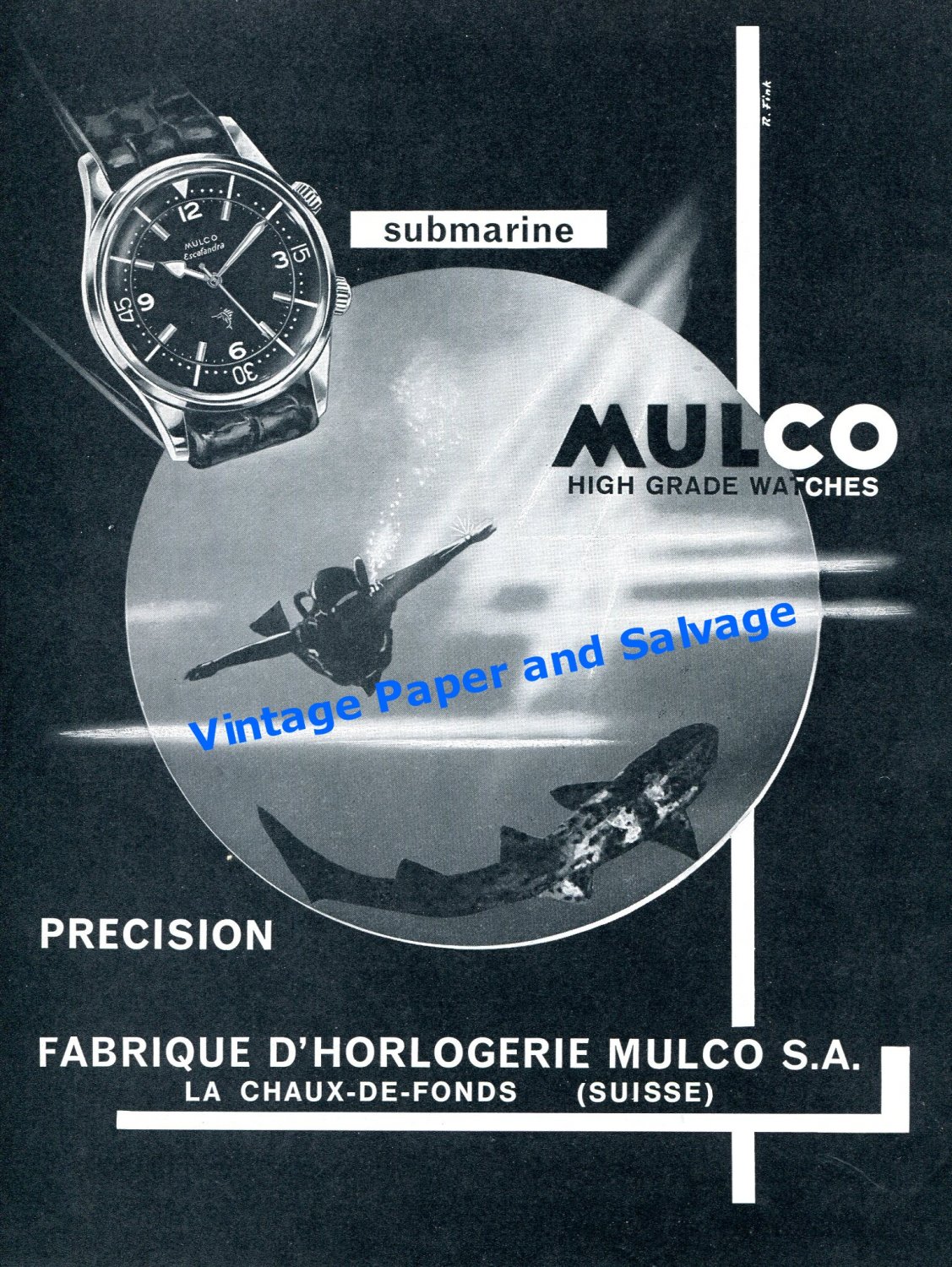 1964 Mulco Submarine Escafandra Watch Advert Vintage 1960s Swiss Print Ad Publicite Suisse