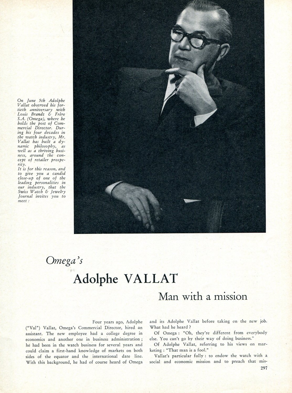 1956 Omega's Adolphe Vallat Man with a Mission 1956 Swiss Magazine Article Omega Co.