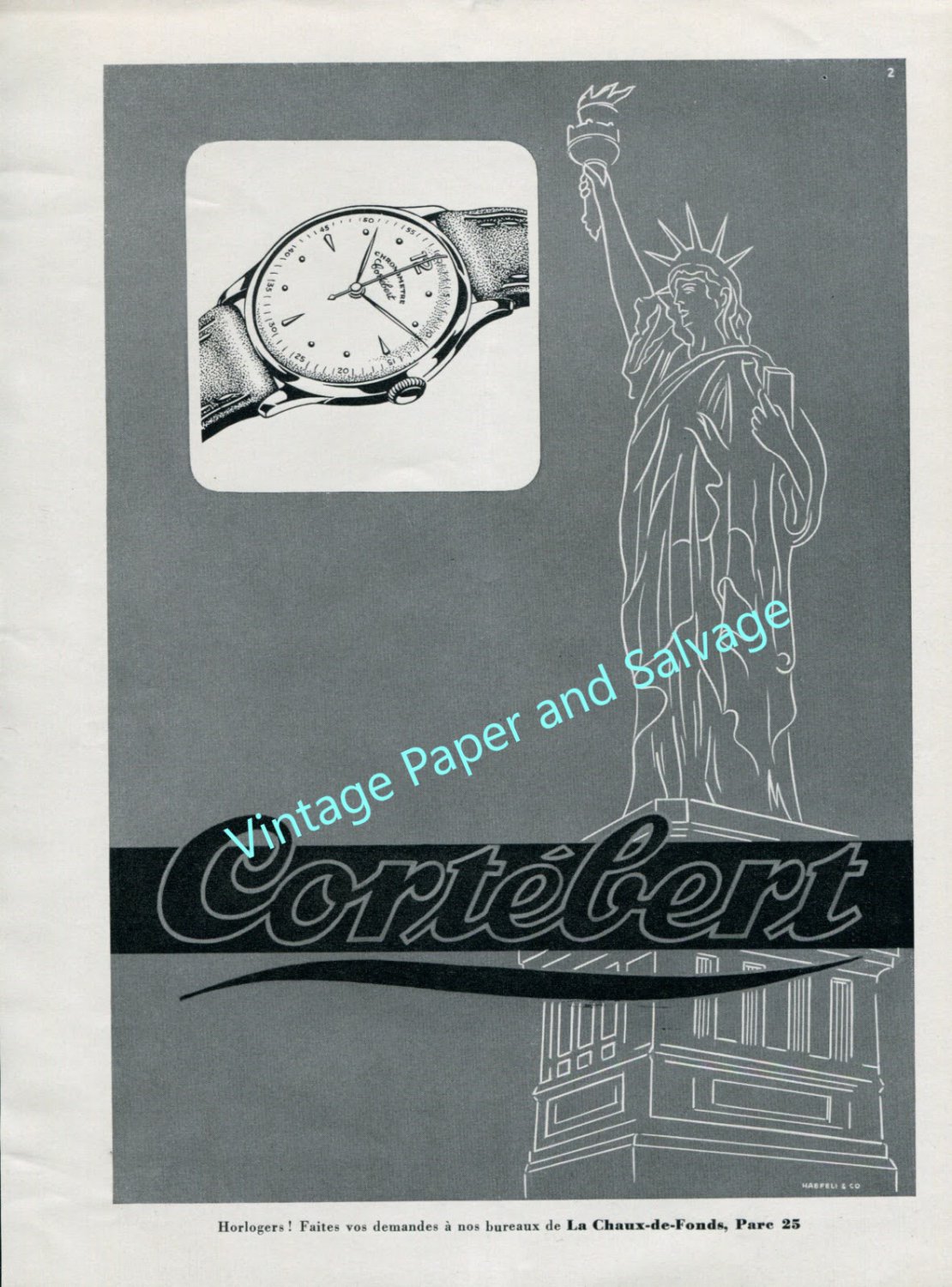 Vintage 1946 Cortebert Watch Co. Lady Liberty Statue of Liberty Swiss Advert Publicite Suisse CH