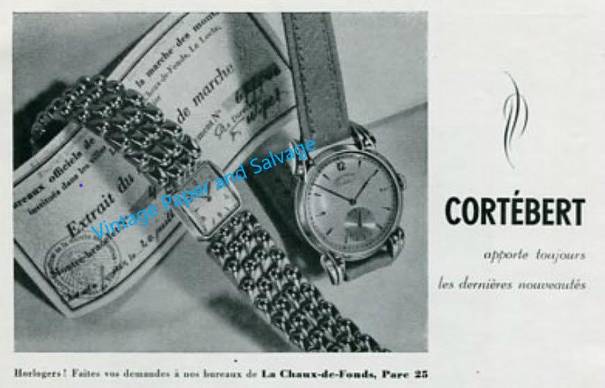 Vintage 1945 Cortebert Watch Co Switzerland Swiss Print Ad Suisse 