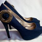 blue denim peep toe platform pump size 8