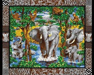 Wall Hanging Panel Animal Elephant Social Africa COTTON FABRIC 44'' x 35'' panel
