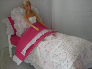 Doll bed comforter set - white w/pink flowers