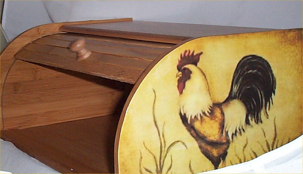 Rooster Bread Box Bamboo Wood Country Farm Kitchen Roll Top Lodge Decor