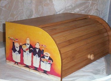 Fat Chef Bread Box Bamboo Wood Waiter Kitchen Roll Top Lodge Decor Yello