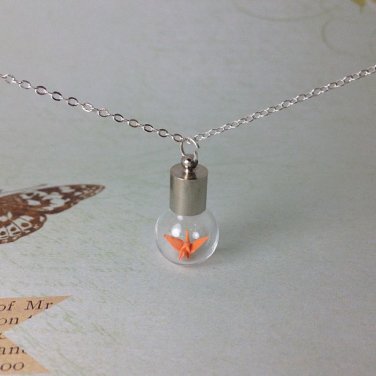 bottle necklace, miniature origami paper cranes necklace, glass bottle
