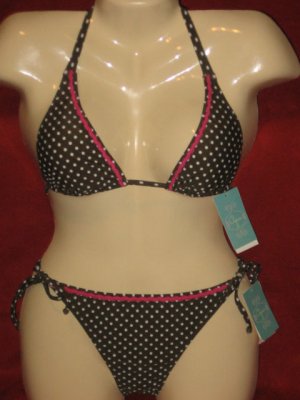 NWT Aqua Brand 2Piece Bikini Swimsuit,Olive/ white Polka Dots/Pink Trim $106  S.