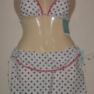 NWT 2Pc swimsuit Cover-up skirt,white with olive Polka Dots/Pink Trim $124  XS-S