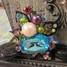 Glitz & Glam Turquoise Rhinestone & Pearl Stretch Ring