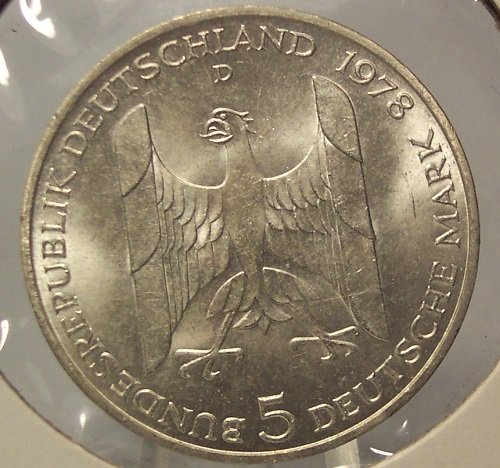 KM#147 1978-D Silver West German 5 Mark Gustav Stresmann #0478