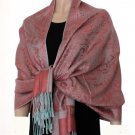 Pashmina Style Jacquard Paisley Shawl - Carmine Pink and Light Blue!
